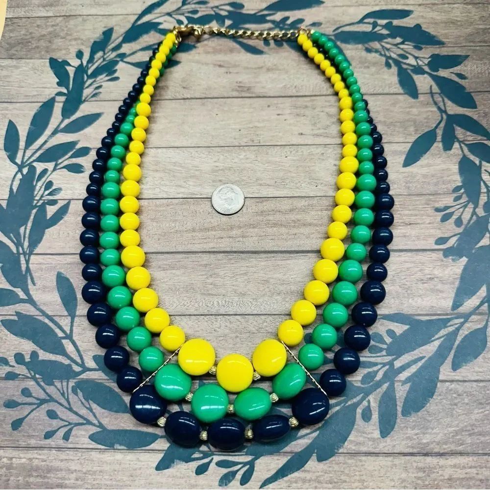 Charming Charlie Blue Yellow Green Multistrand Beaded Necklace 18 In B3